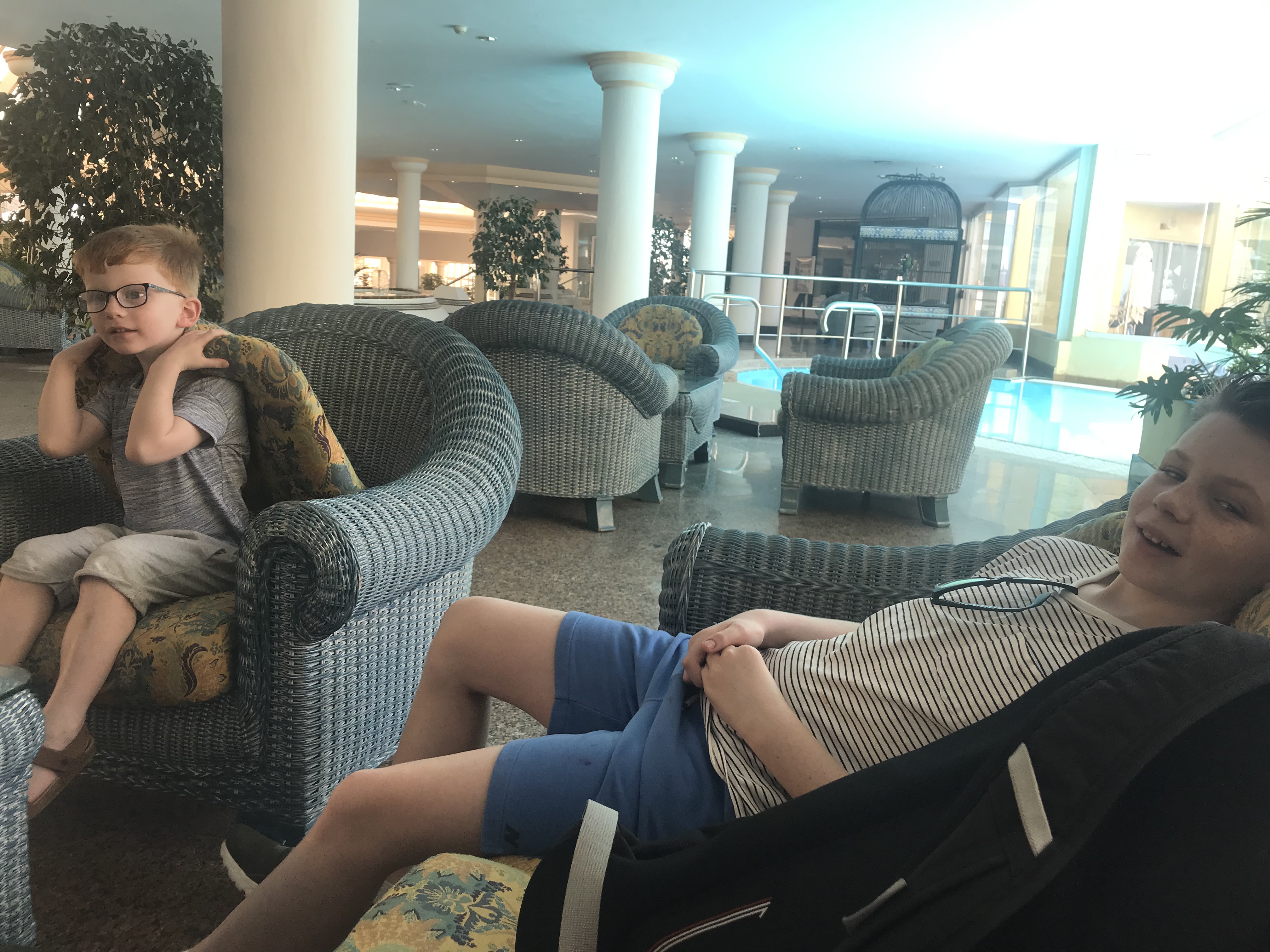 Alfie and William in the lobby of the Riu Hotel in Fuerteventura - February 2019