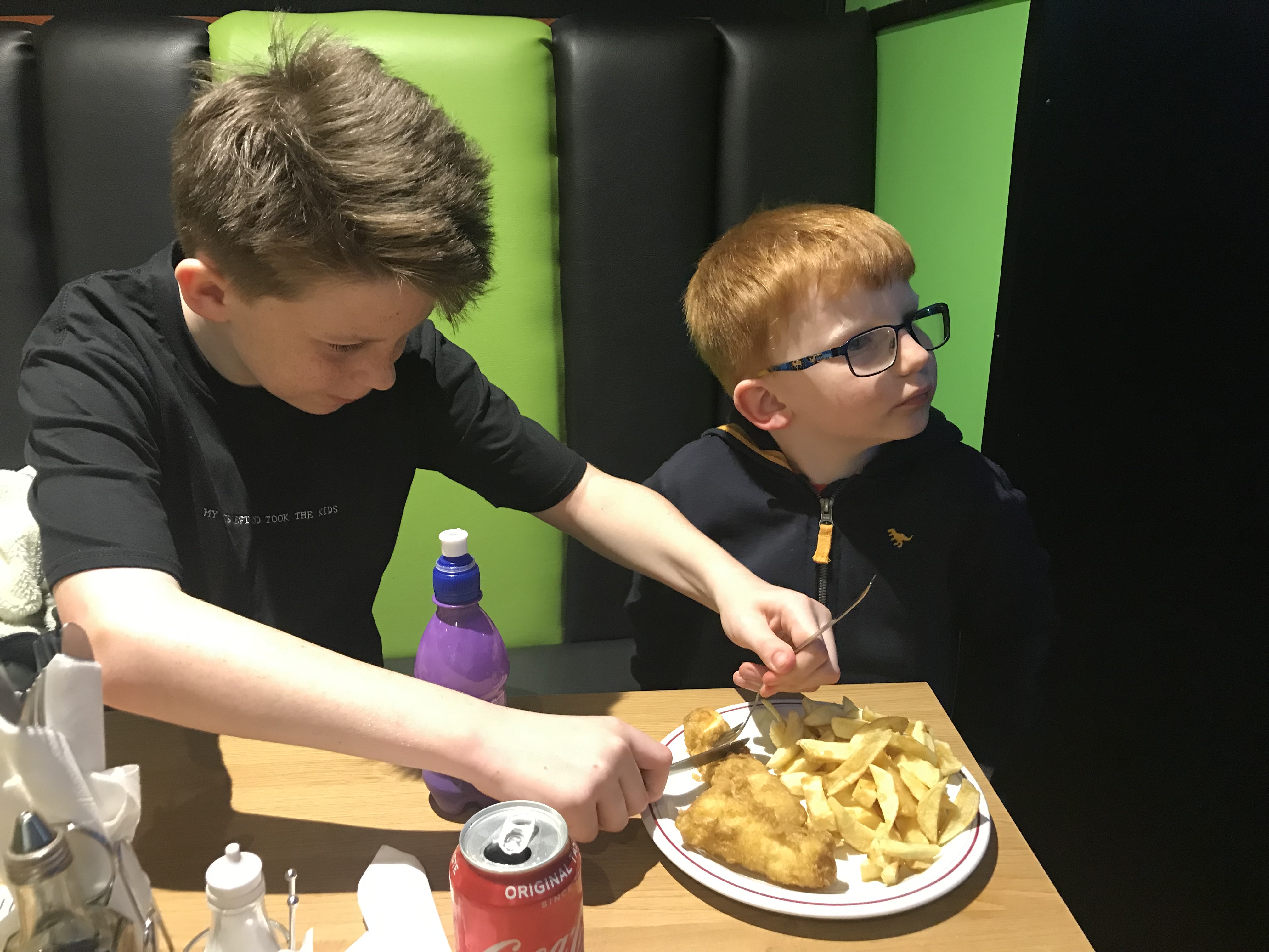 Alfie helps William with his Fish & Chips - Wooler, Northumberland April 2019